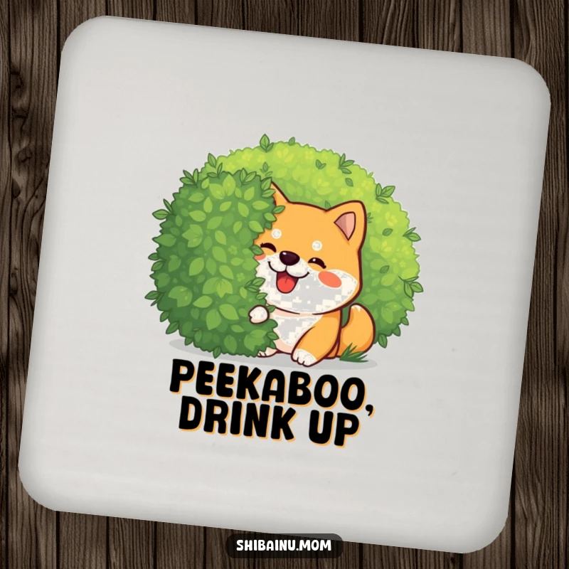 Funny Kawaii Shiba Inu coaster with a giggling dog peeking playfully from behind a bush. Protects surfaces with cute, funny artwork, a great funny gift.