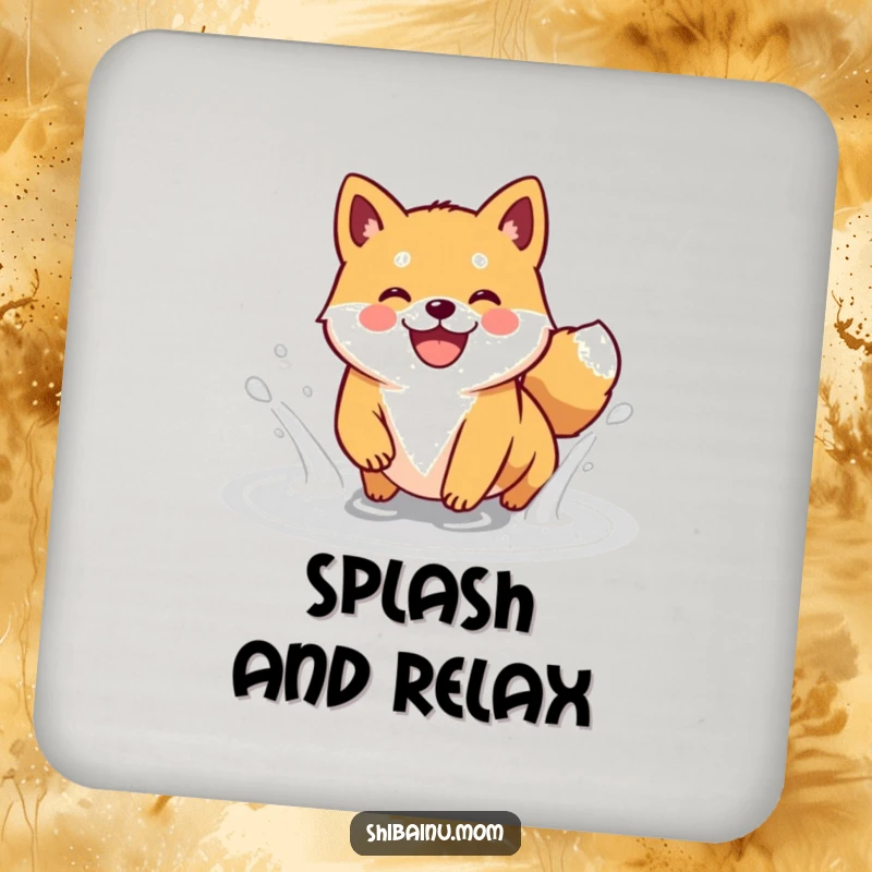 Funny Kawaii Shiba Inu coasters featuring a happy doggle splashing in a puddle, a charming addition to any table.