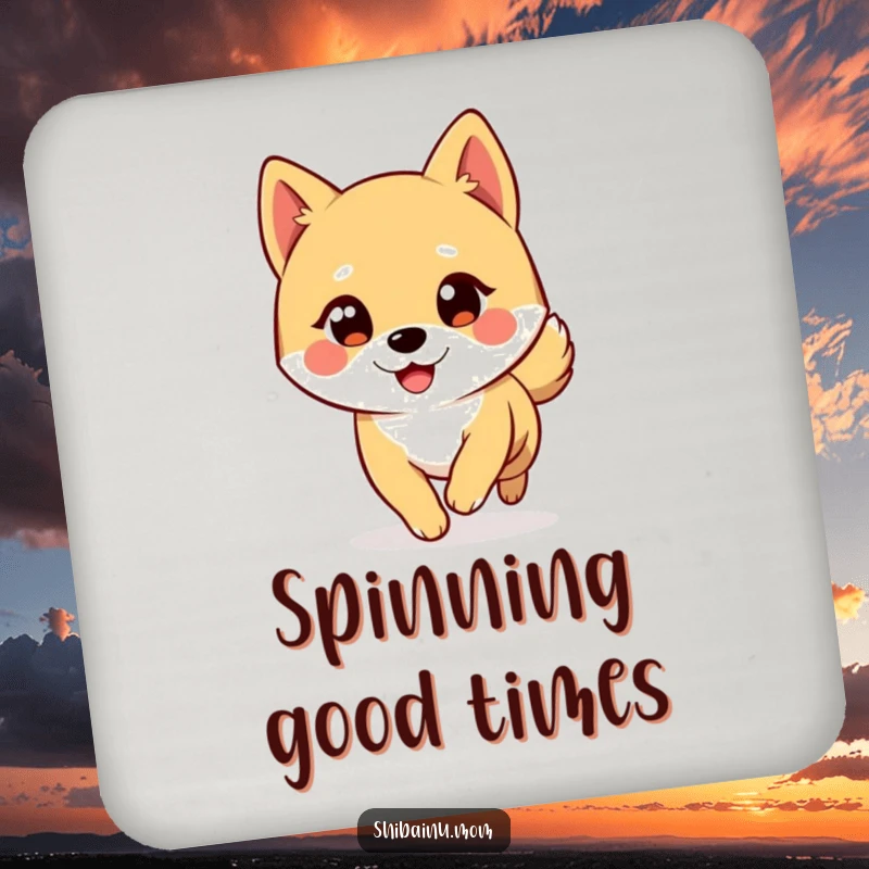 Funny Shiba Inu Coaster: A cute Shiba Inu winks playfully while chasing its tail, a humorous touch for any table.