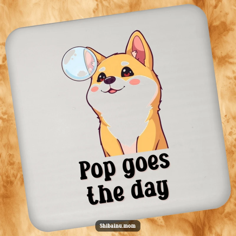 Funny Shiba Inu coaster, a curious dog looks up at a floating bubble, adding cheerful protection to surfaces.