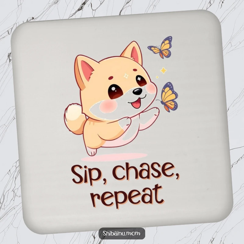 Funny Shiba Inu coasters with sparkling eyes, chasing a butterfly, offering table protection with a dose of adorable humor.