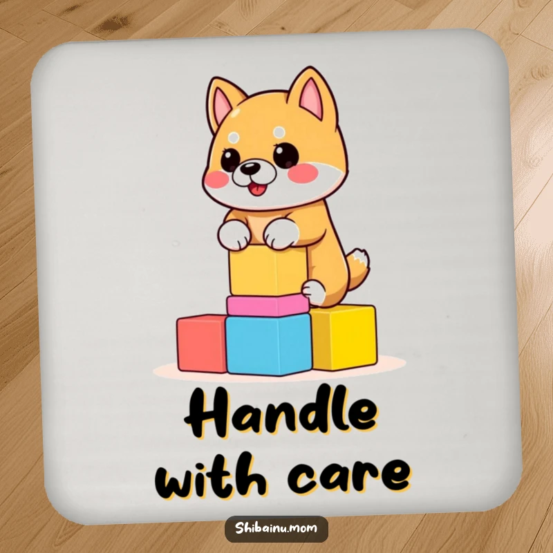Funny Shiba Inu Coaster showing a dog balancing a stack of wobbly blocks. Protects surfaces with humor, a funny gift.