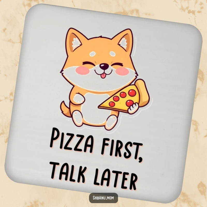 Funny Shiba Inu coaster, a winking dog holding a pizza slice, protecting tables with canine humor.