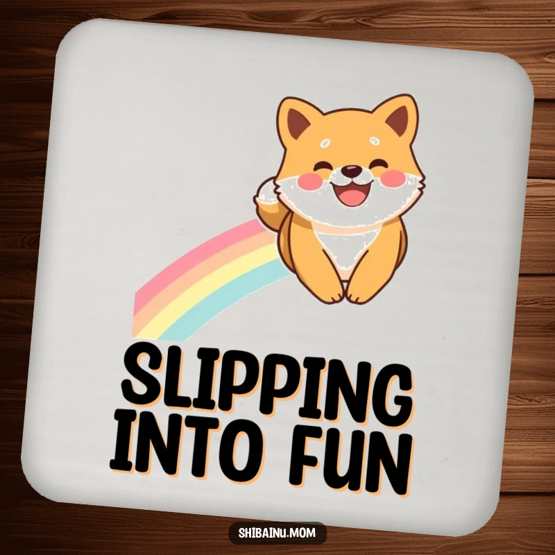 Funny Shiba Inu Coaster: A Shiba Inu with a wide smile slides down a rainbow, adding magical charm to tabletops.