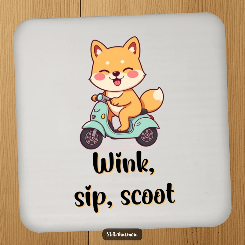 Funny Shiba Inu dog coaster, winking slyly, riding a tiny scooter, featuring a cool and happy dog, protecting tabletops.