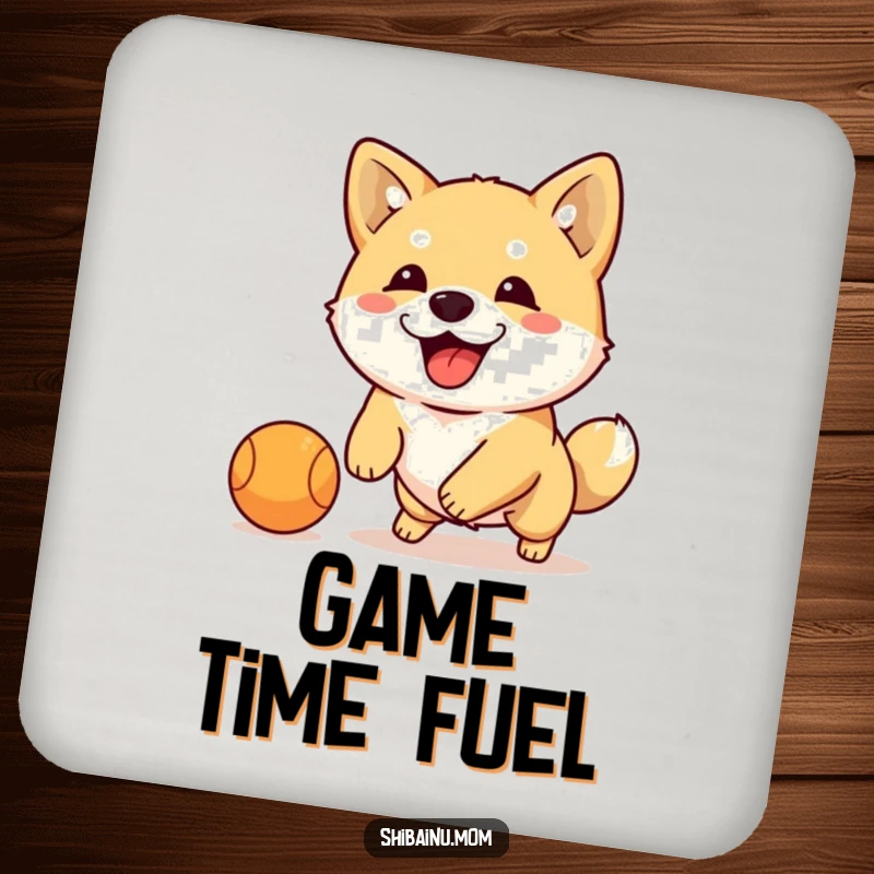 Funny Shiba Inu dribbling ball coaster, energetic dog plays with a ball, protects surfaces with humorous flair.
