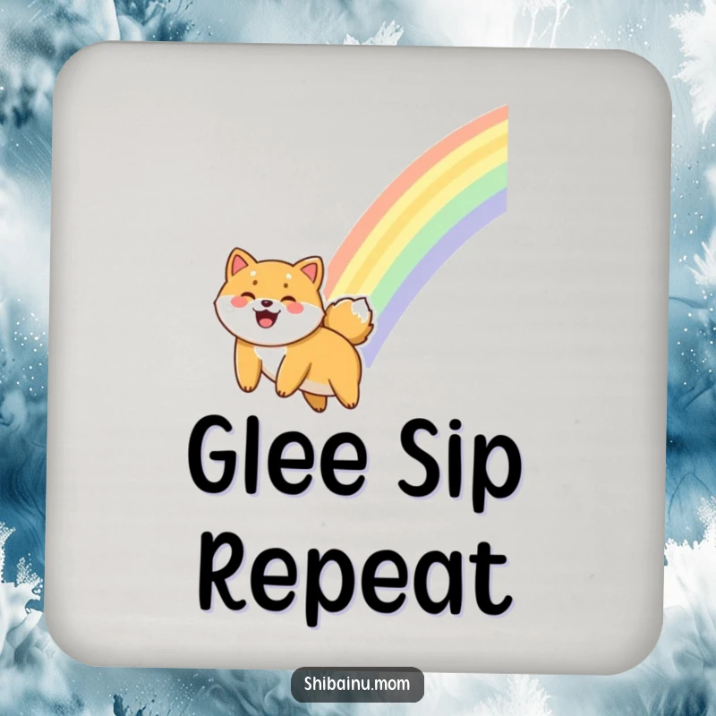 Funny Shiba Inu coaster design with a dog gleefully sliding down a rainbow, protecting surfaces with playful charm.