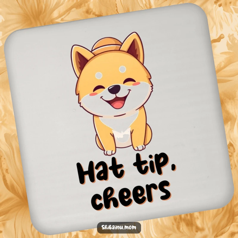 Funny silly Shiba Inu dog coaster, wearing a big hat, grinning widely, featuring a humorous and happy dog, protecting surfaces.