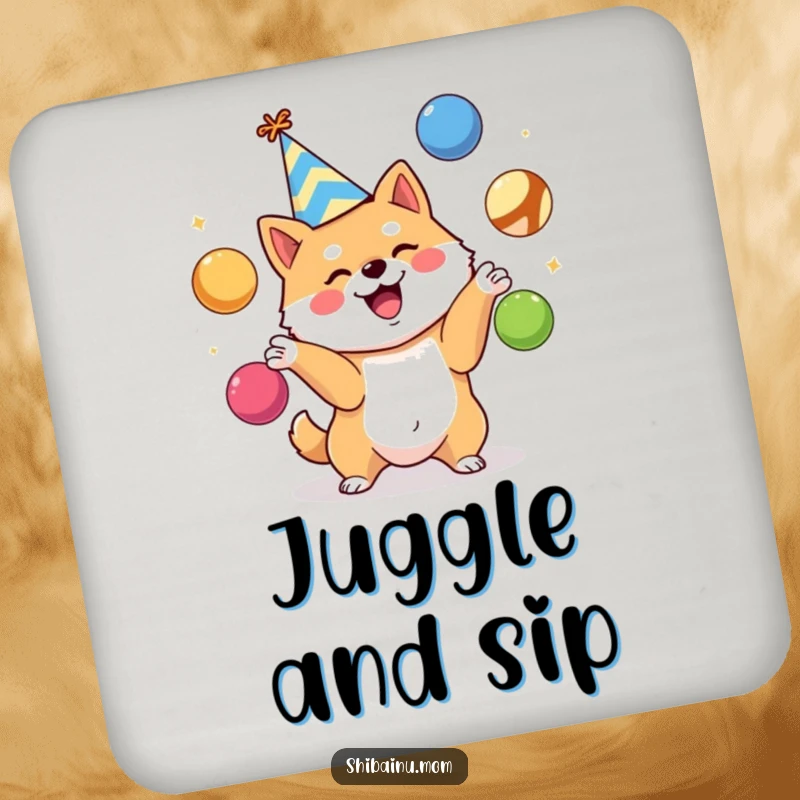 Funny Shiba Inu coaster, party hat, excitedly juggling colorful balls, protects surfaces with humor, a perfect funny gift.