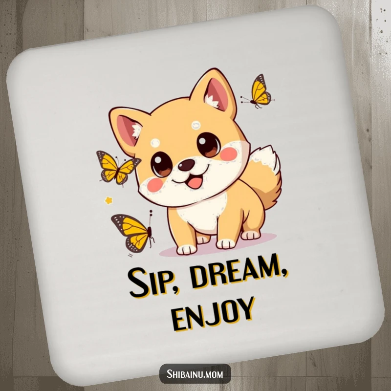 Funny kawaii Shiba Inu dog with big eyes chasing a butterfly, placed on a drink coaster to protect a table surface.