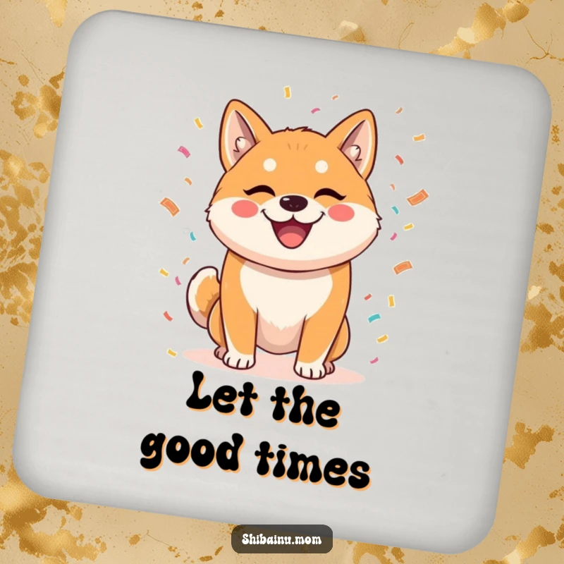 Funny drink coaster featuring a mischievous Shiba Inu scattering confetti, providing a festive and humorous protection for tabletops.