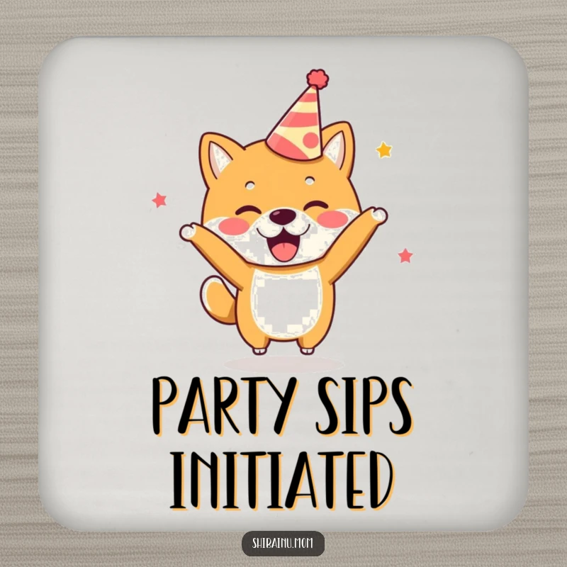 Funny Kawaii Shiba Inu Coaster wearing a party hat, bouncing with excitement, protecting surfaces festively.