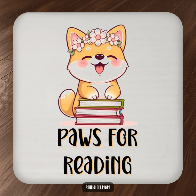 Funny Shiba Inu coaster, flower crown, giggling while balancing books, protects surfaces with a humorous and cute design, ideal funny gift.