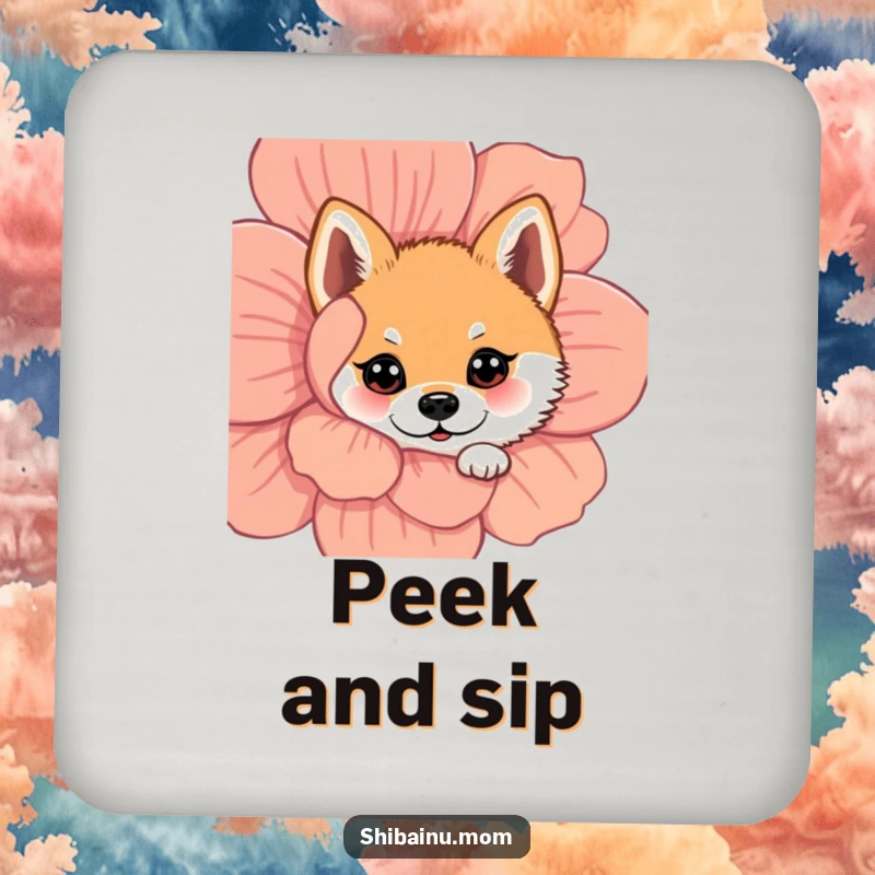 Funny Shiba Inu coaster featuring a dog with wide eyes peeking from behind a flower, protecting surfaces with charming playfulness.