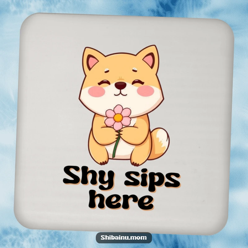 Funny Shiba Inu coaster design with a bashful dog presenting a flower, protecting surfaces with shy sweetness.