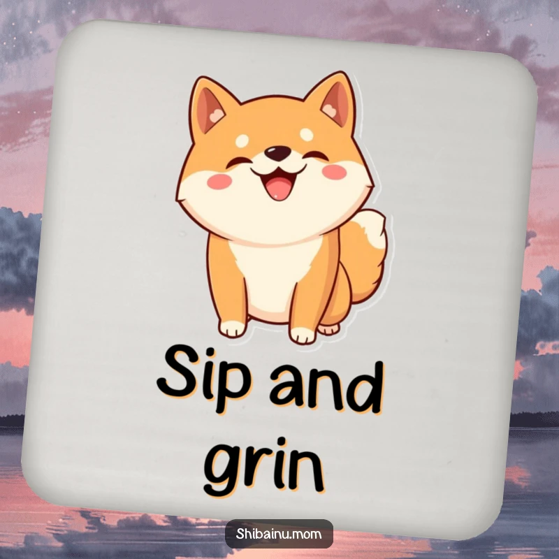 Funny Kawaii Shiba Inu coaster showcasing a silly grinning dog in a playful pose, perfect for protecting surfaces with humor.