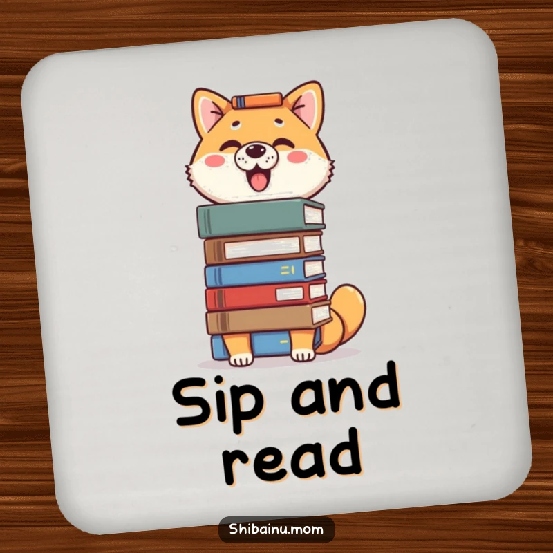 Funny Shiba Inu coaster design with a proud dog balancing books on its head, protecting your surfaces with intellect.