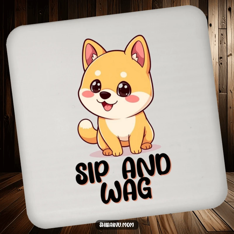 Funny Kawaii Shiba Inu Coaster, a dog with big eyes and a wagging tail, protects surfaces joyfully.