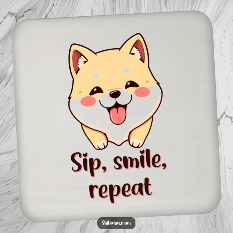 Funny Shibainu coaster featuring a kawaii dog face with its tongue sticking out, protecting surfaces with humor.