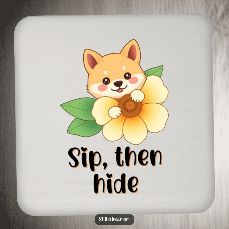 Funny Shiba Inu coasters with the character peeking from behind a flower, offering table protection with a dose of adorable humor.