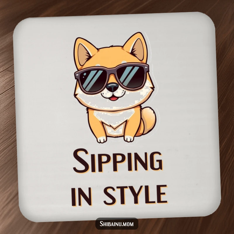 Funny drink coaster featuring a cool Shiba Inu dog wearing sunglasses, protecting surfaces with humorous style and canine charm.