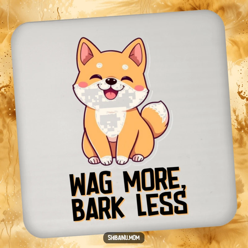 Funny kawaii Shiba Inu coasters showing big ears and a tail wiggling with glee, protecting furniture with a dose of adorable humor.