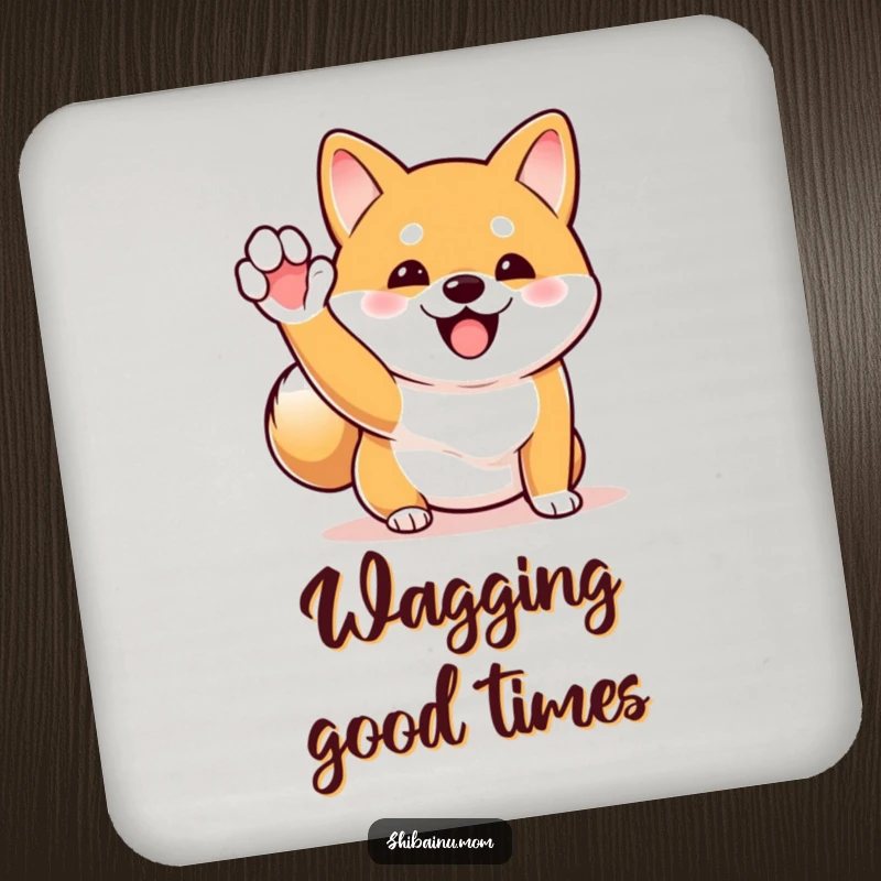 Funny Shiba Inu coaster illustrating an excited dog waving and wagging its tail, protecting surfaces with cheerful charm.