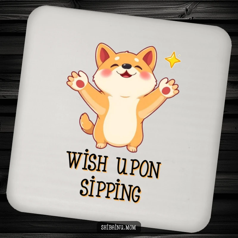 Funny Shiba Inu coasters with paws outstretched, reaching for a falling star, offering table protection with a dose of hopeful magic.