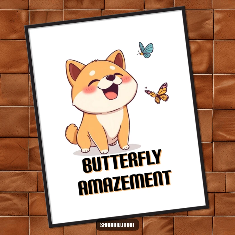 Funny poster art of a surprised Shiba Inu dog giggling at a falling butterfly, embodying innocent amusement and whimsical charm.