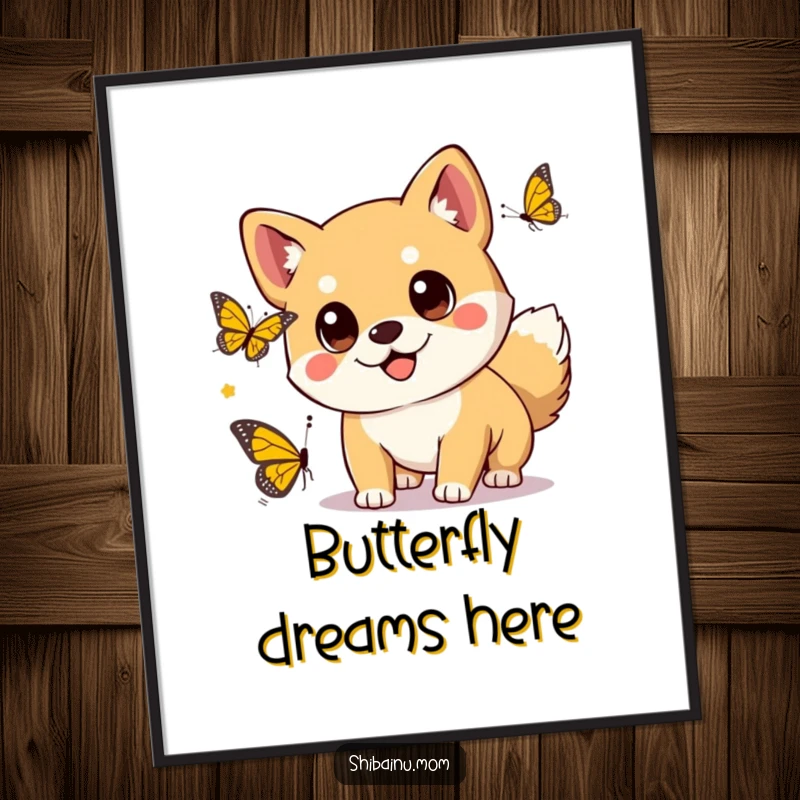 Funny kawaii Shiba Inu dog with big eyes playfully chasing a butterfly, creating a charming visual on a poster.