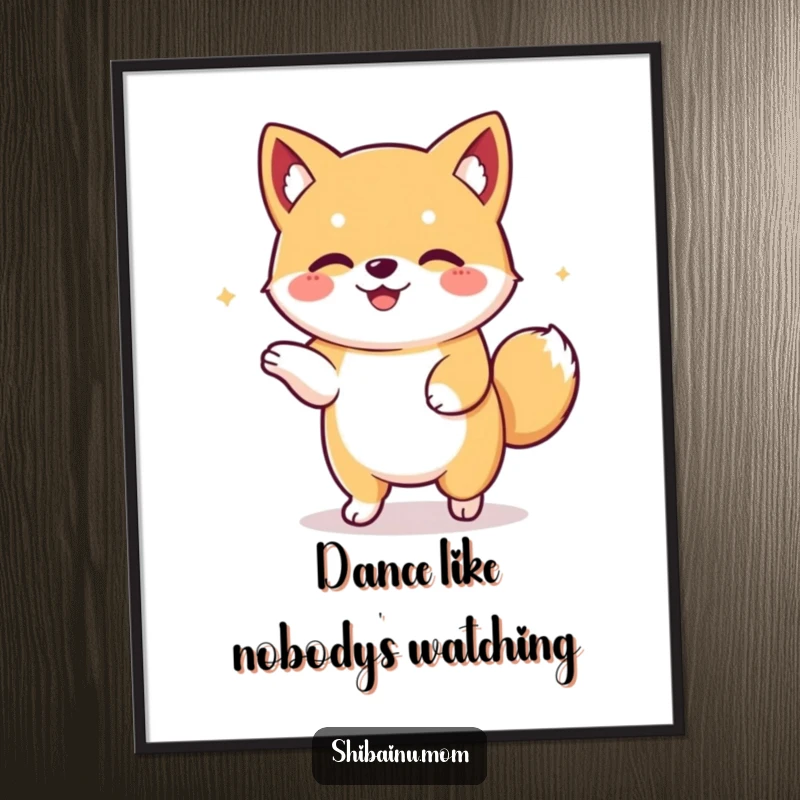 Funny Kawaii Shiba Inu poster showcasing a happy, floppy-eared dog doing a lively dance. A whimsical and cheerful art piece for any room.