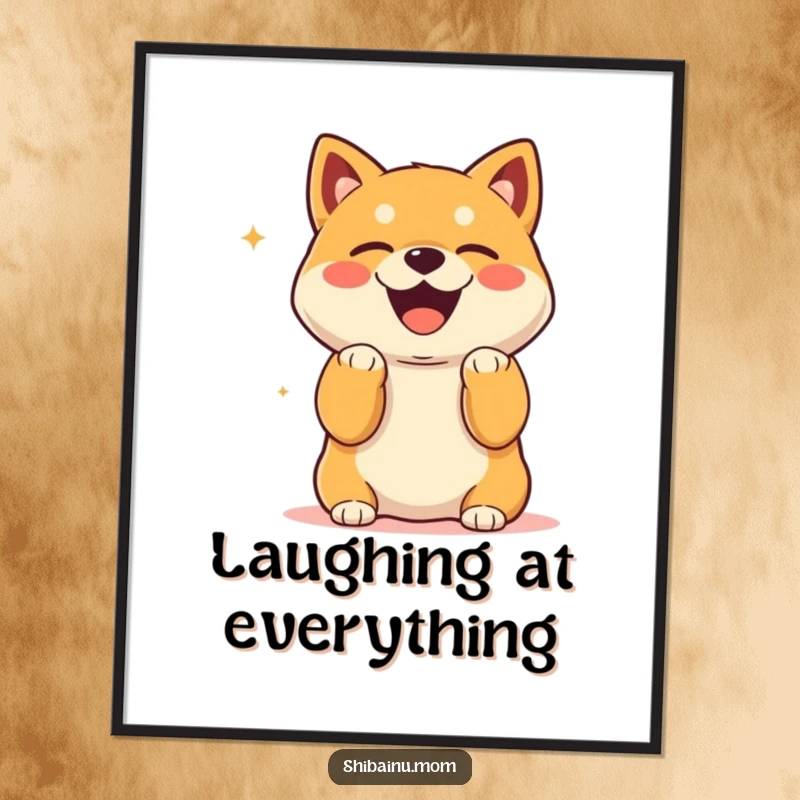 Funny Kawaii Shiba Inu Poster with paws up, laughing heartily at something unseen, adds humor to decor.