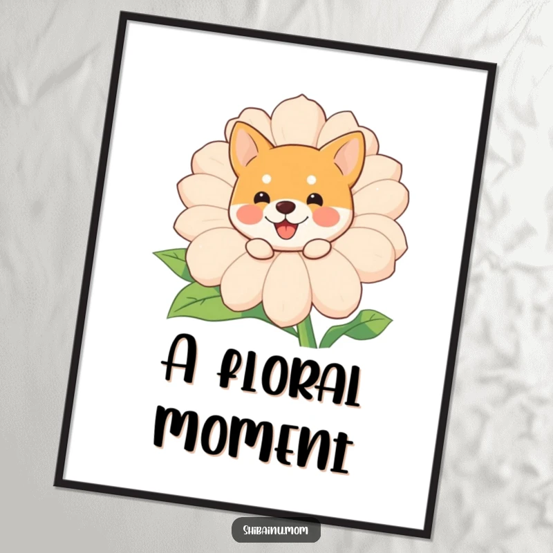 Funny Shiba Inu peeking poster, a cute dog's head emerges from a gigantic, cheerful flower, adding humor to wall art.