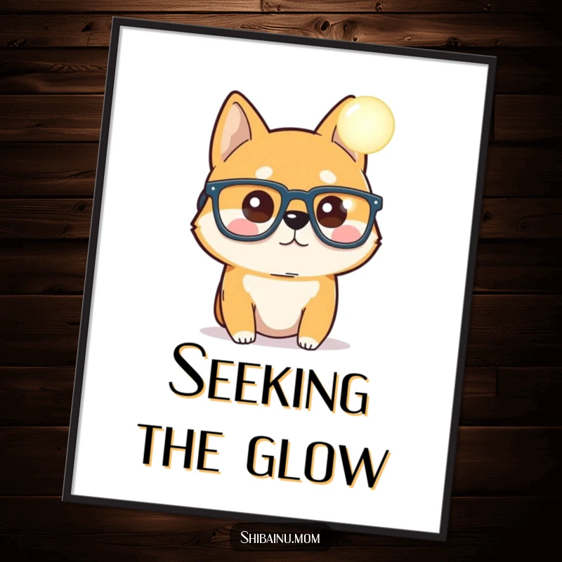 Funny Shiba Inu poster, oversized glasses, intense curiosity towards a glowing orb, great for science enthusiasts, a perfect funny gift.