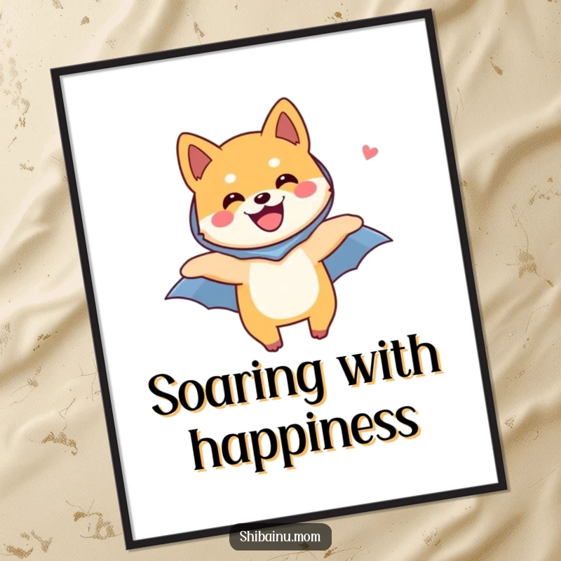 Funny Shiba Inu dog poster art, a joyful Shiba Inu with a tiny cape, soaring through the sky, embodying happiness.