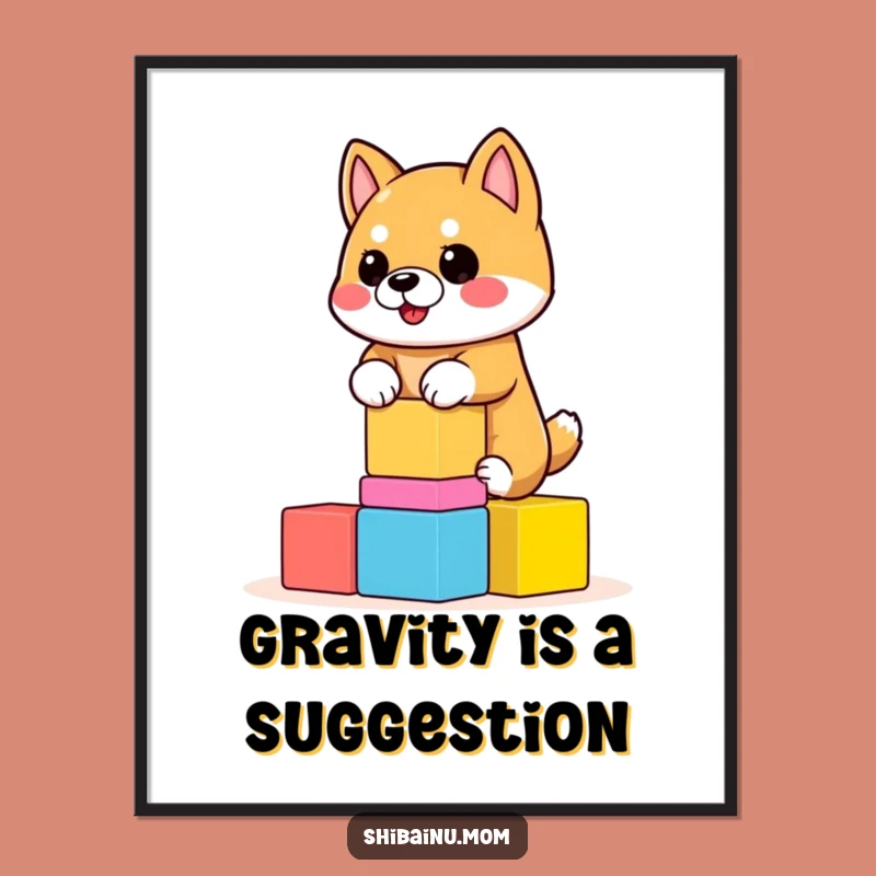Funny Shiba Inu Poster - Wobbly Blocks Balance, Whimsical Wall Art Gift
