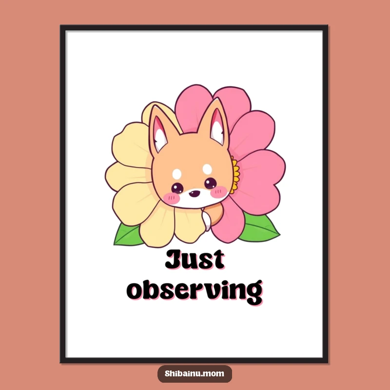 Funny Shibainu Flower Peek Poster, Cute Hidden Dog Art Print, Perfect Funny Gift