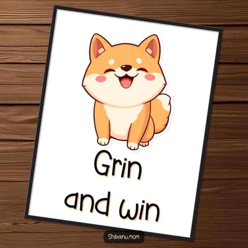 Funny Kawaii Shiba Inu poster artwork of a dog with a silly, wide grin striking a fun, goofy pose, adding humor to walls.
