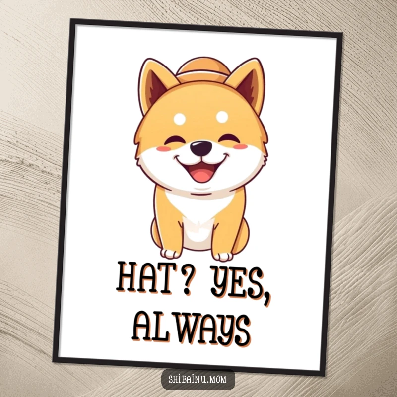 Funny silly Shiba Inu dog poster, oversized hat, grinning widely, displaying a hilarious and happy dog, ideal wall art.