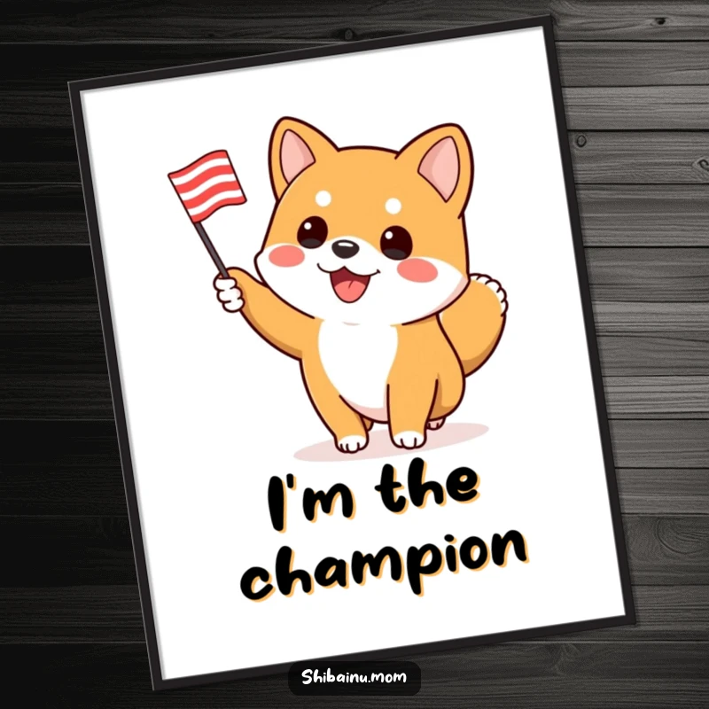 Funny Shiba Inu poster, an enthusiastic dog waves a striped flag, capturing spirited celebration and lively energy.