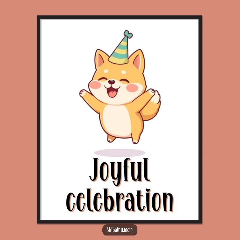 Funny Shiba Inu Party Hat Jumping Joy Poster, Festive Humorous Wall Art
