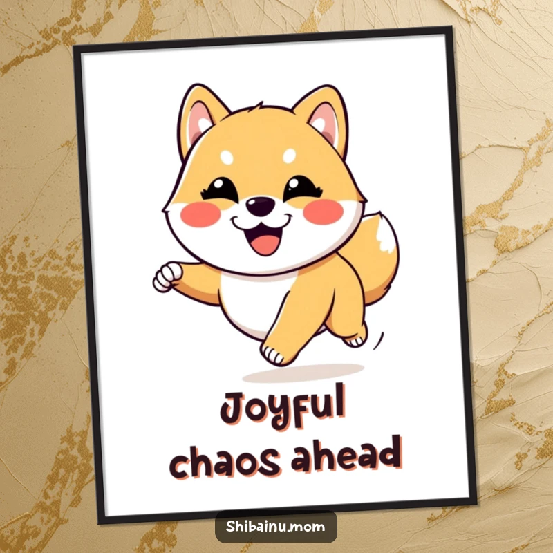 Funny Kawaii Shiba Inu poster showcasing a goofy-faced dog running with pure joy. A high-energy and happy piece of art for a funny gift.