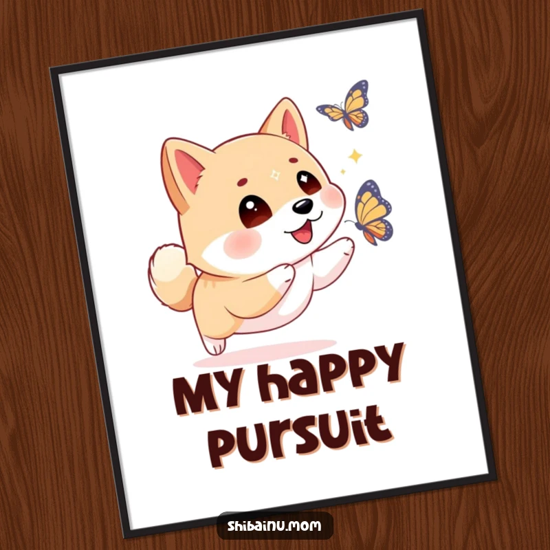 Funny Shiba Inu poster with intensely sparkling eyes, chasing a vibrant butterfly, conveying a feeling of playful excitement and wonder.