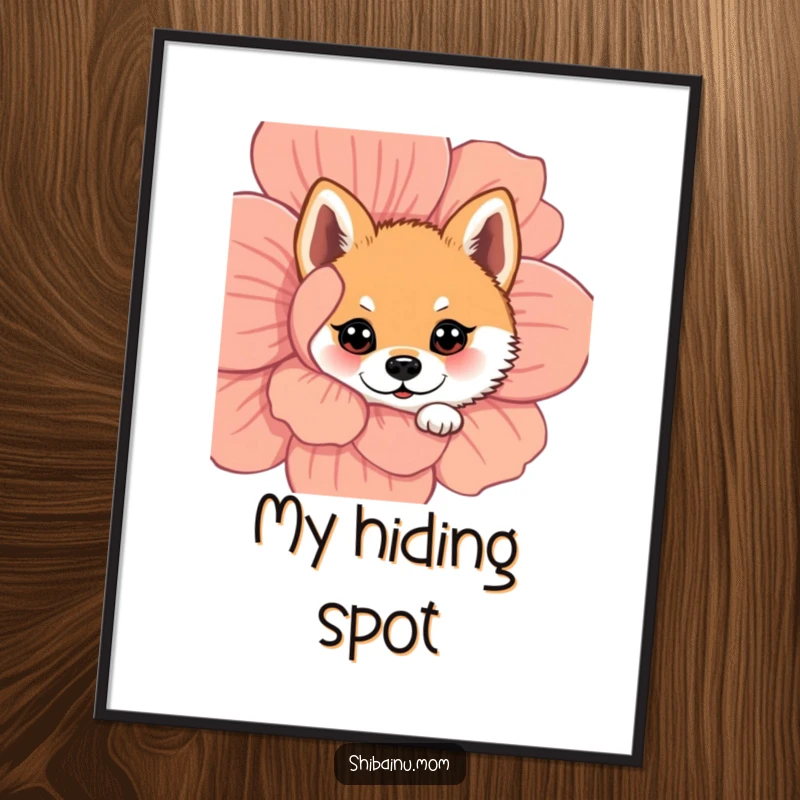 Funny Shiba Inu poster featuring a dog with wide, curious eyes peeking from behind a vibrant flower, adding a touch of wonder.