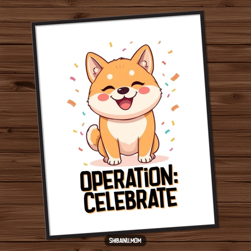 Funny poster of a mischievous Shiba Inu throwing confetti, bringing a lively and humorous party atmosphere to any wall.