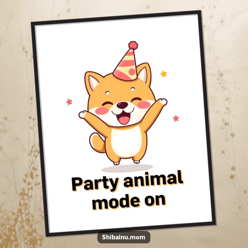 Funny Kawaii Shiba Inu Poster wearing a party hat, bouncing with excitement, adds festive decor.