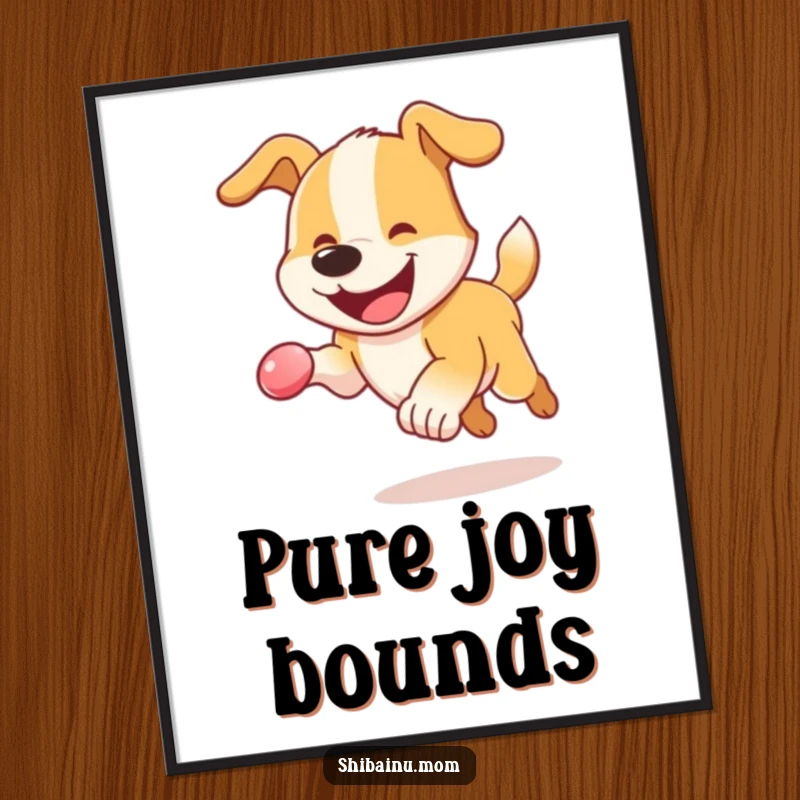 Funny Dog Poster: An energetic dog with a wide smile bounding with enthusiasm after a colorful bouncy sphere.