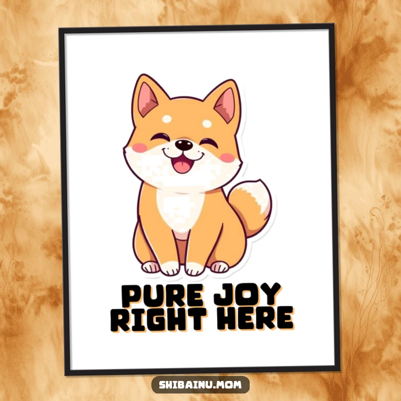 Funny kawaii Shiba Inu poster displaying big ears and a tail in mid-wiggle, radiating pure adorableness and cheerful energy.
