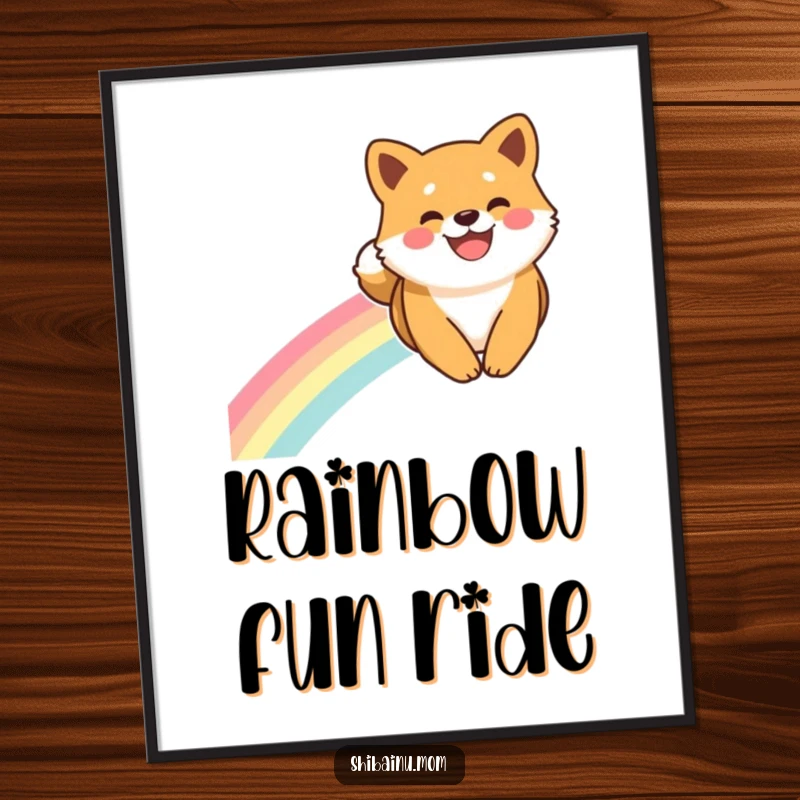 Funny Shiba Inu Poster: A Shiba Inu with a wide smile slides down a beautiful rainbow in a joyful, magical illustration.