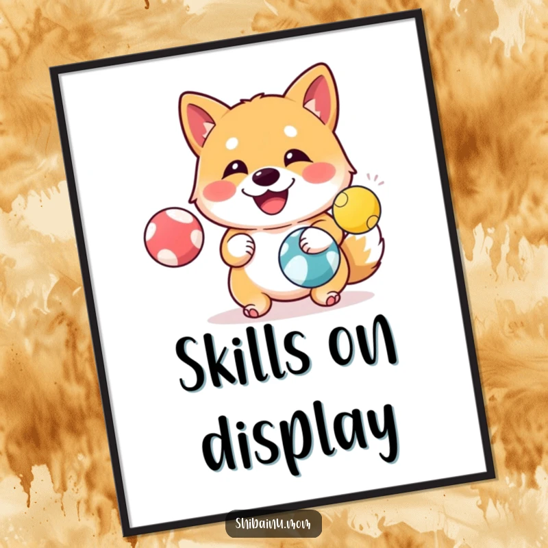 Funny Shiba Inu Poster: A happy Shiba Inu juggles three colorful balls with impressive skill in a joyful, amusing illustration.